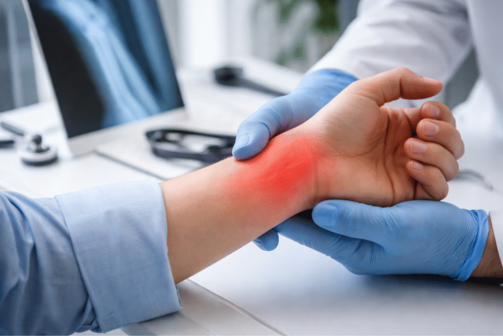 Muñeca con dolor resaltado en rojo siendo evaluada por médico