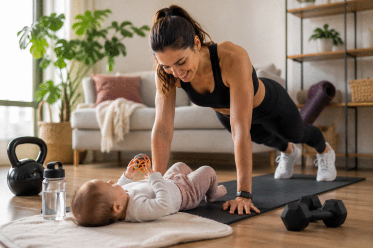 Mamá realizando ejercicio de forma segura para prevenir lesiones