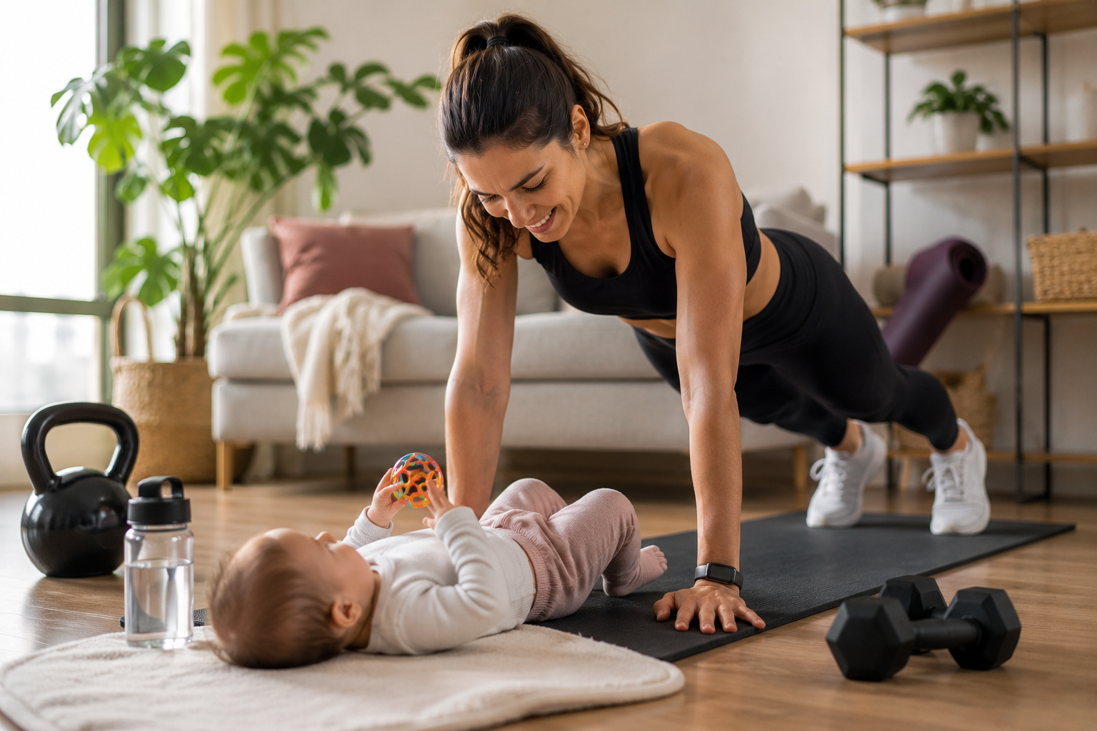 Mamá realizando ejercicio de forma segura para prevenir lesiones