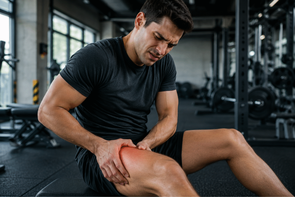 Persona entrenando con dolor muscular durante una rutina de ejercicio