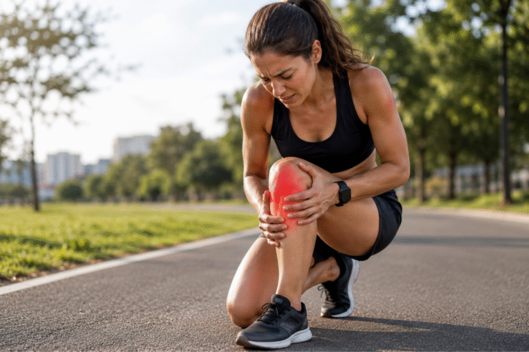 Persona con dolor de rodilla durante una rutina de ejercicio
