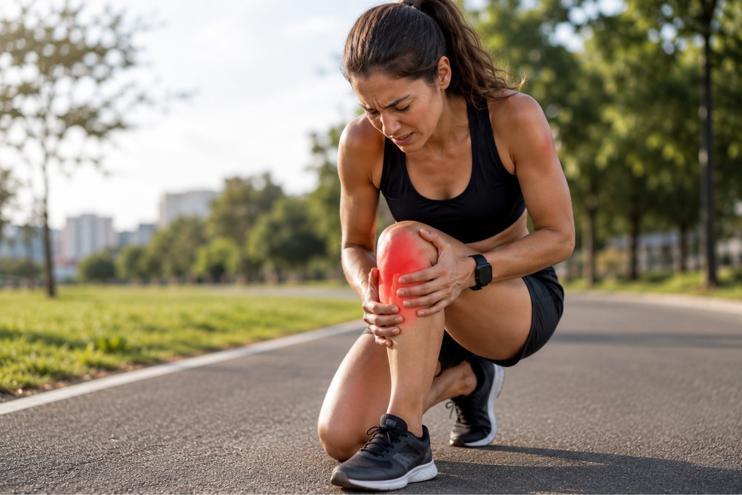 Persona con dolor de rodilla durante una rutina de ejercicio